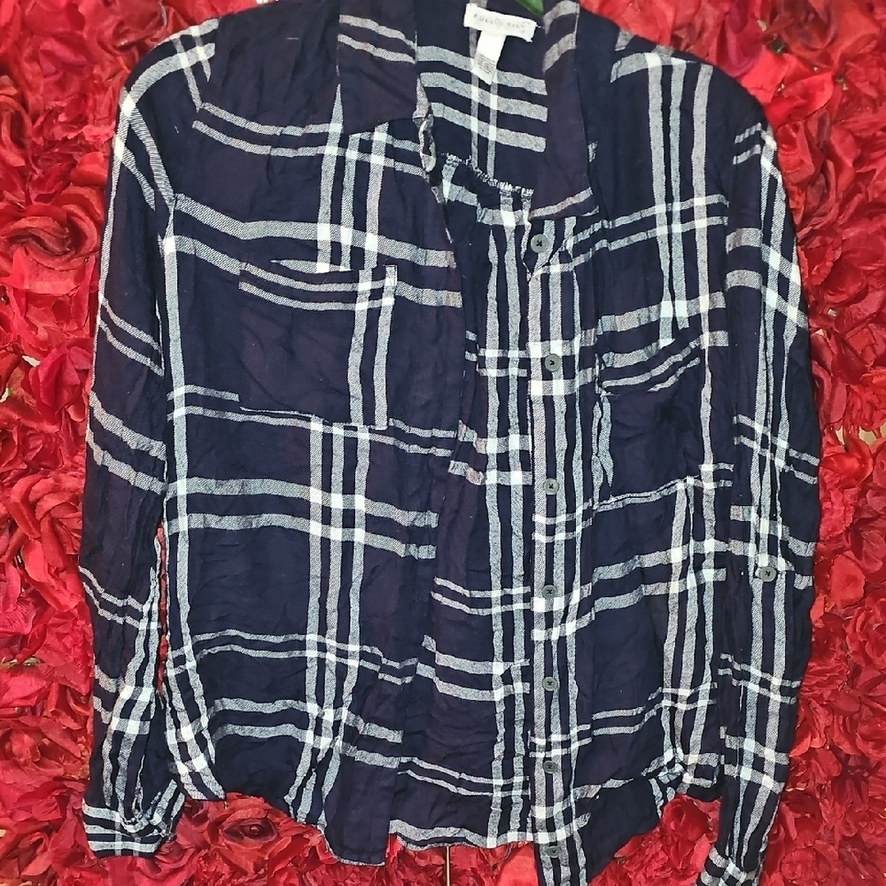 Full Tilt Women's Soft Navy and White Plaid Button Up Shirt Size Large